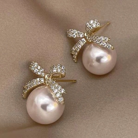 Christmas White Ornament Ball Gold Rhinestone Drop Holiday Bow Party Earrings - Picture 2 of 5